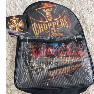 Vintage y2k West Coast Choppers Backpack Black Flames Skull Graphic New With Tag